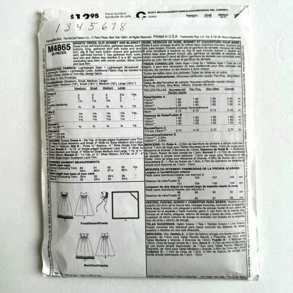 McCalls 4865 Christening Baptism Dress Bonnet Slip Blanket Pattern NB-S CUT - Picture 2 of 3